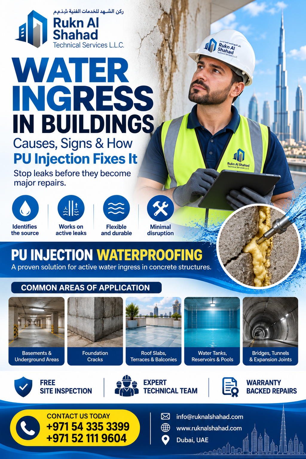 Water ingress and PU injection waterproofing solutions in Dubai